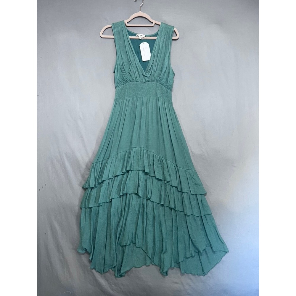 Ee:some Sage Green Sleeveless V-Neck Smocked Waist Tiered Ruffle Maxi Dress S